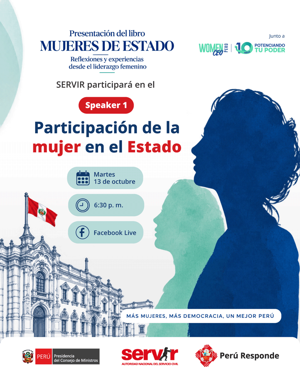 SERVIR_PERU's tweet photo. 📌 Te invitamos a ser parte de la presentación del libro "Mujeres de Estado“, un espacio en donde hablaremos sobre la participación de la mujer en el sector público.

📅 Martes 13 de octubre
🕖 6:30 p. m.
📲 Transmisión por Facebook Live de #SERVIR

#MujeresDeEstado https://t.co/N8JFyB08ED