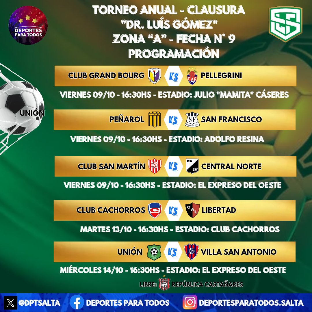 DPTSALTA's tweet photo. 📝 ¡ATENCIÓN! Acá tienen la programación completa de cómo se va a jugar la fecha 9 de la Zona A del #TorneoAnual - Clausura "Dr. Luís Gómez"! https://t.co/Yl5eYUT148