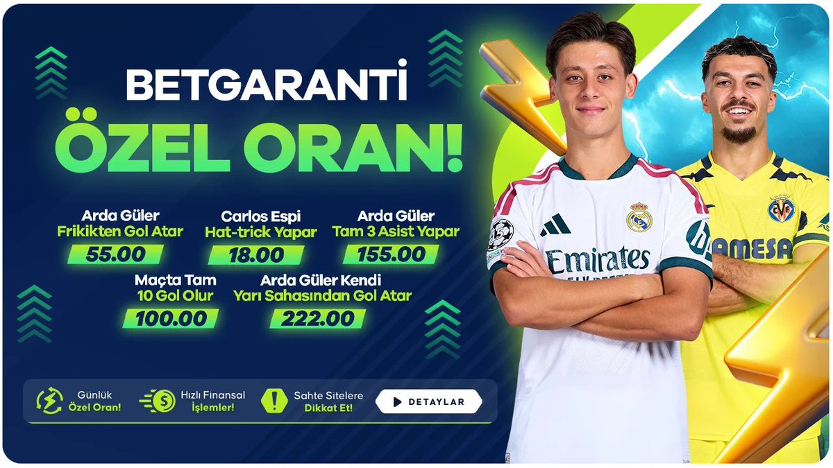 btgarantisocial's tweet photo. 🔥 Günün Özel Oranlarından!

⚽️ Arda Güler → Frikikten Gol Atar
🎩 Carlos Espi → Hat-trick Yapar
🪄 Arda Güler → Tam 3 Asist Yapar
🤯 Maçta → Tam 10 Gol Olur!
🚀 Arda Güler → Kendi Yarı Sahasından Gol Atar!

✅ Güncel adres: https://t.co/GmtldwPse0

#ArdaGüler #Futbol https://t.co/YP1NwGRT78