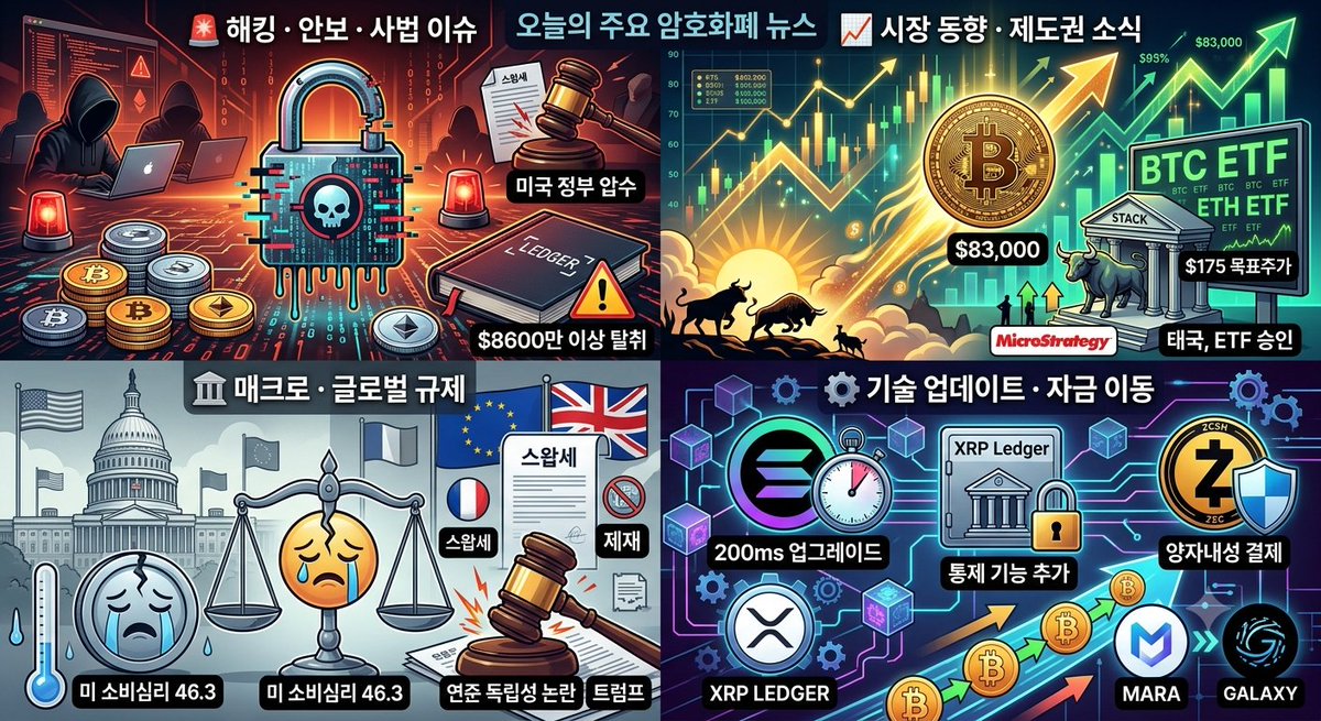 WHOLESSCOIN's tweet photo. 오늘의 주요 암호화폐 뉴스

🚨 해킹 · 안보 · 사법 이슈

렛저 동남아 자산 탈취: 피해 추정액 $8600만(약 1,160억 원) 이상의 자산 탈취 사건이 발생해 조사에 착수했습니다.

비트파이넥스 해킹 자금 이동: 연계 월렛에서 $10억 상당의 비트코인이 이체되었습니다.

미국 정부, 이란 자금 압수: 이란 연계 암호화폐 $10억 규모의 압수를 추진하고 있습니다.

셀시우스 전 CEO 처벌: 마신스키 전 CEO가 $3500만 합의 및 업계 영구 퇴출 조치를 받았습니다.

기업 간 법적 분쟁: DWF 계열사가 비트고(BitGo)를 상대로 $1.41억 규모의 소송을 제기했습니다.

📈 시장 동향 · 제도권 소식

트럼프 발언과 BTC 반등: "이란 공격 유예" 발언으로 비트코인이 $83,000선으로 반등했습니다.

가격 변동 및 청산: BTC $81,000선이 무너지며 하루 동안 $11억 규모의 청산이 발생했습니다.

ETF 자금 유출: 10월 한 달간 비트코인 및 이더리움 ETF에서 $10억에 육박하는 자금이 유출되었습니다.

태국, ETF 승인: BTC·ETH ETF 관련 규정을 확정짓고 다음 주부터 시행합니다.

기업 목표주가 상향: 바클레이스가 마이크로스트래티지 목표주가를 $175로 상향하고 '매수' 의견을 유지했습니다.

🏛️ 매크로 · 글로벌 규제

미국 경제 지표 악화: 소비심리지수가 46.3을 기록, 현재 경기 여건 평가가 역대 최저치를 경신했습니다.

연준 독립성 논란: 트럼프가 리사 쿡 연준 이사 해임 청문회 카드를 꺼내 들었습니다.

영국 제재 강화: 러시아 연계 암호화폐 거래소 3곳을 제재 대상에 추가했습니다.

프랑스 과세 정책: 프랑스 의회가 2027년부터 시행될 스테이블코인 스왑세 도입을 지지했습니다.

테더 관련 정치·규제 움직임:

테더가 토르체인 관련 주소 4개의 블랙리스트를 3시간 만에 해제했습니다.

테더 연계 건으로 캔터 피츠제럴드가 미 상원의 조사를 받고 있습니다.

⚙️ 기술 업데이트 · 자금 이동

솔라나(SOL): 블록타임을 절반(200ms)으로 단축하는 대형 업그레이드가 임박했습니다.

XRP 레저: 은행 및 스테이블코인 발행사를 위한 통제 기능을 새롭게 추가했습니다.

지캐시(ZEC): 내년 1월 도입을 목표로 양자내성 결제 기술을 개발 중입니다.

MARA 자금 이동: $8110만 상당의 비트코인을 갤럭시(Galaxy)로 이체했습니다.
