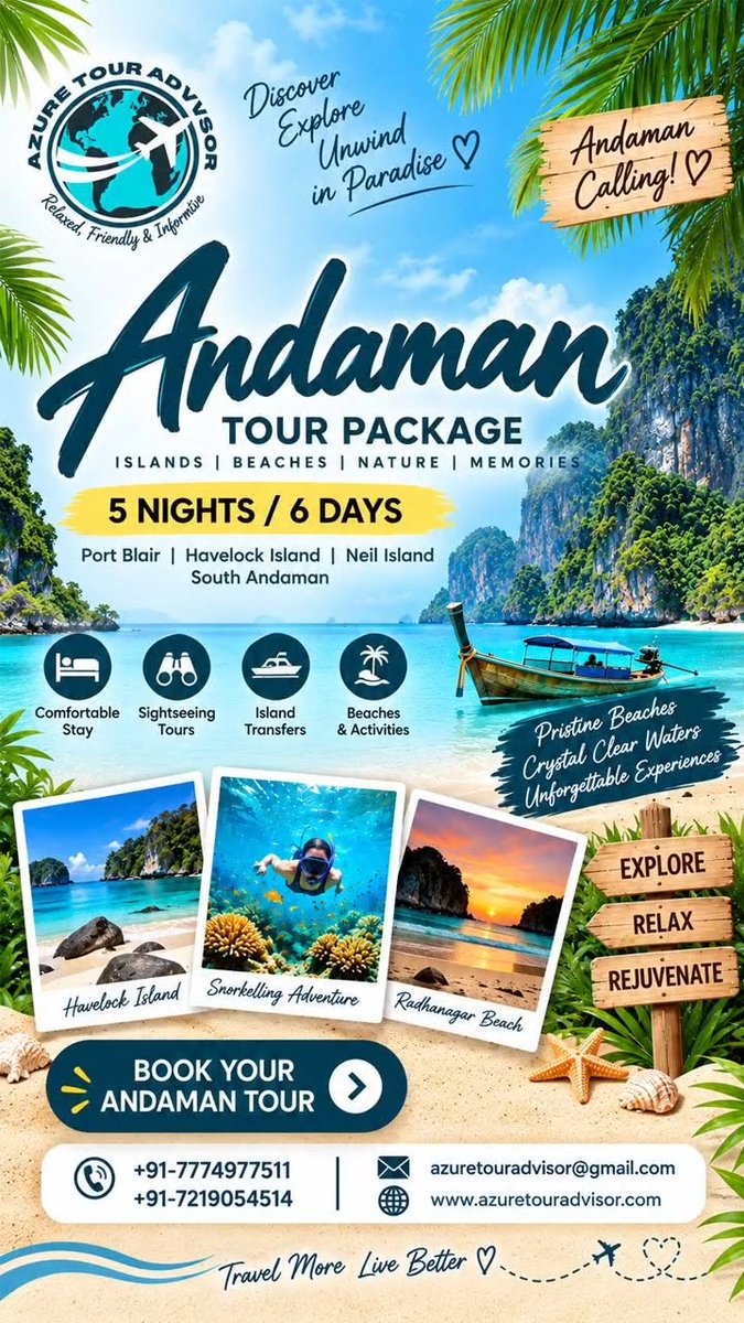nikolayhernande's tweet photo. Andaman is calling. Escape to crystal-clear waters, pristine beaches and unforgettable island experiences across Port Blair, Havelock, Neil Island and South Andaman. 5 Nights / 6 Days with stays, transfers, sightseeing and activities. https://t.co/z0rJtZiNF5