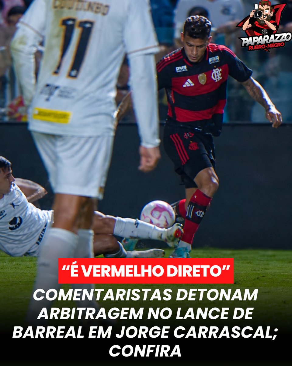 PapaRubroNegro's tweet photo. A arbitragem do lance envolvendo Barreal e Carrascal foi alvo de críticas durante um programa do SporTV. Os comentaristas analisaram a dividida e apontaram que o jogador do Santos deveria ter sido expulso pela entrada no atleta do Flamengo.

Roger Flores considerou que o lance não deixava margem para dúvidas e defendeu a aplicação do cartão vermelho direto.

“O lance do Barreal (com Carrascal) não tem nem discussão. É firme, por cima, acima do tornozelo... É vermelho direto!”

Abel Neto também questionou a atuação da arbitragem de vídeo e a ausência de intervenção no lance.

“É inacreditável o VAR não ter chamado para esse lance, né?”

Já PC Vasconcellos destacou que Barreal acabou beneficiado pela decisão da arbitragem, tanto pela interpretação do árbitro Anderson Daronco quanto pela falta de intervenção do VAR.

“Ele saiu muito no lucro. Porque tem a interpretação do Daronco e tem o silêncio do VAR.”

Por @joaogjornal
📸 IA