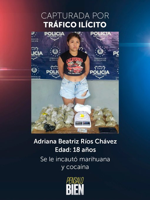A police wanted-style poster reading 'CAPTURADA POR TRÁFICO ILÍCITO' featuring Adriana Beatriz Ríos Chávez, 18, with text stating 'Se le incautó marihuana y cocaína' and a 'PENSALO BIEN' warning.