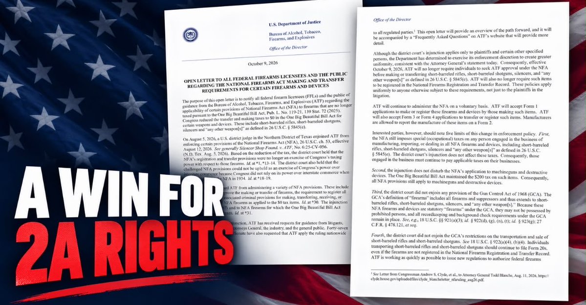 FirearmRightsUS's tweet photo. A major win for gun owners: ATF says it will no longer require prior approval or NFA registration for certain short-barreled rifles, shotguns, silencers and “any other weapons.” Key GCA rules remain in force. Freedom advances.

@EagleEdMartin #2A #GunRights #SCOTUS https://t.co/eIBusXahay