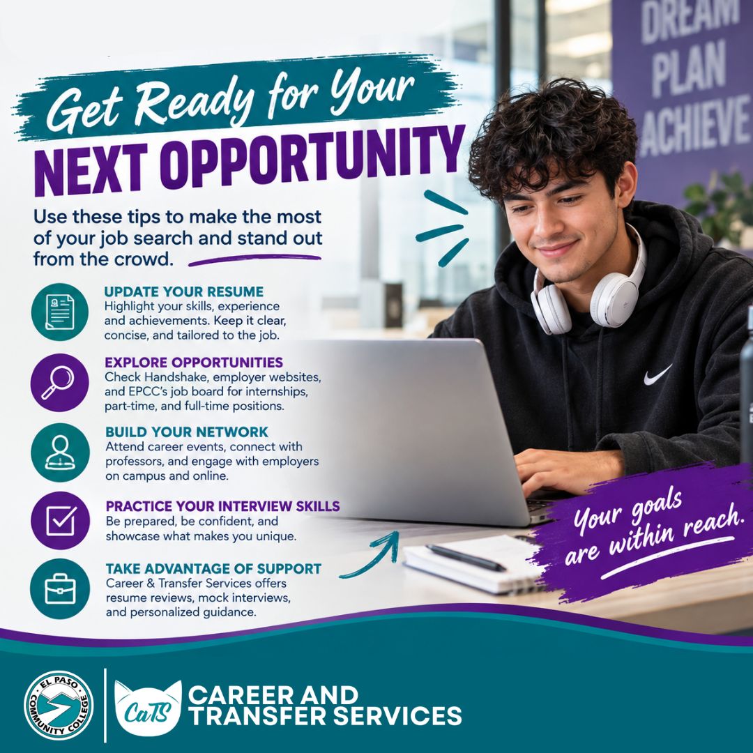 epccCaTS's tweet photo. 🚀 Ready for your next opportunity? Make your job search count with resume tips, networking, interview prep, and Career & Transfer Services support. Your future starts here!#EPCC #CareerServices #JobSearch #CareerTips https://t.co/cavKOLDrFO