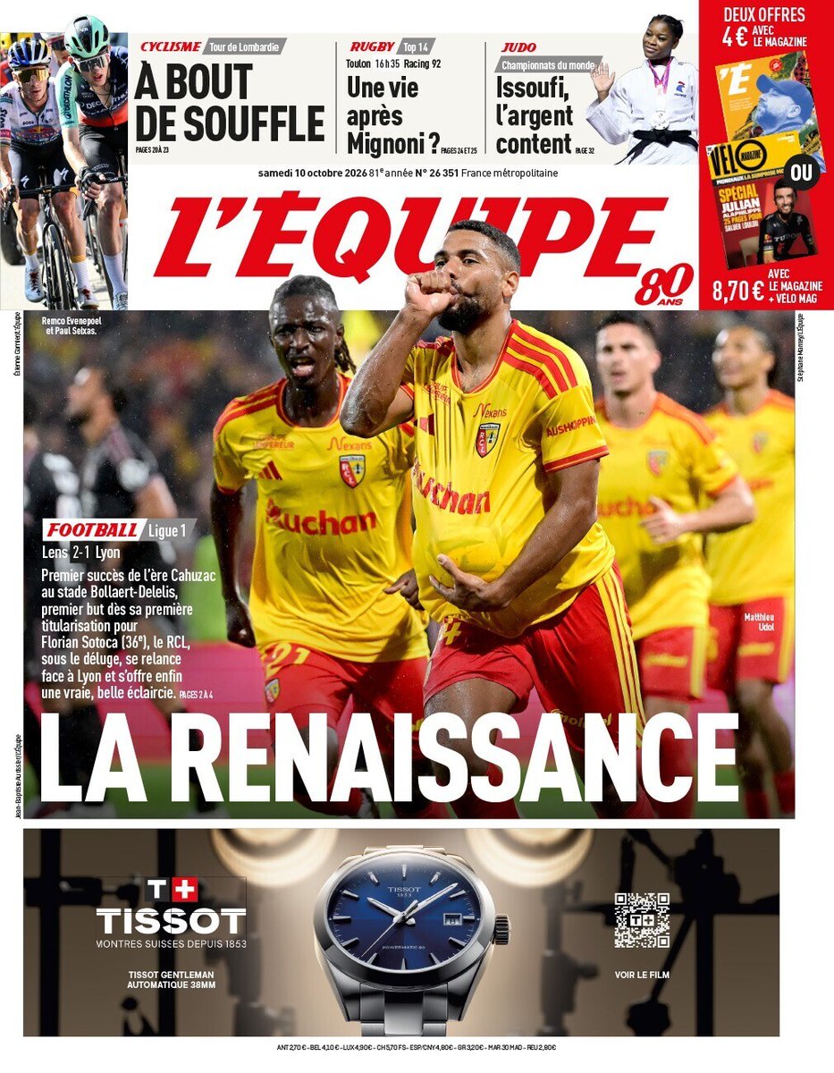 lequipe's tweet photo. 🗞️ La une du journal L'Équipe du samedi 10 octobre 2026 https://t.co/UGCLZH48Nt