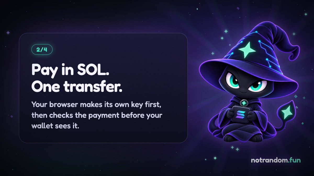 notrandomdotfun's tweet photo. New here? Ordering takes four steps:

1. Type your word and see the fixed price
2. Pay in SOL with one transfer
3. We grind
4. Your browser opens and checks your key https://t.co/atzhNtDLfb