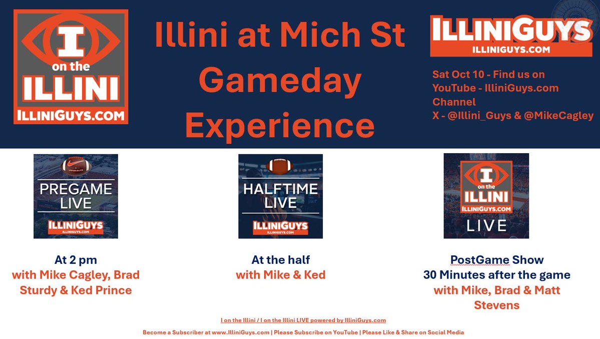 IlliniGuysRadio's tweet photo. IlliniGuys GameDay Experience tomorrow - Illinois at Michigan State - Tune In!
#Illini #Illinois #CollegeFootball #Sparty #MichiganState
@MikeCagley @Sturdy32 @KedPrince4 @matthewcstevens @Illini_Guys @LarrySmithTV @SteveSturm55 https://t.co/2hPTfhFtjE