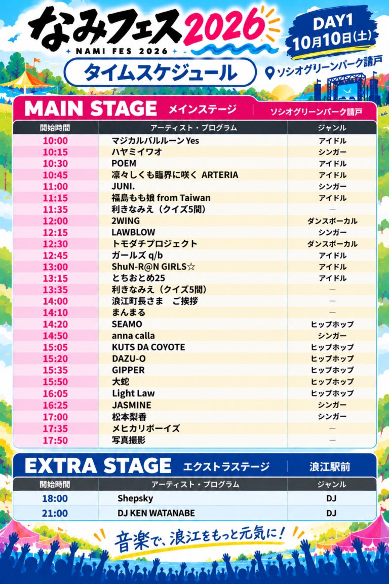 SEAMOcrew's tweet photo. ／
本日の出演情報📣
＼

本日10/10(土)は、「なみフェス2026」に出演いたします！✨

🗓️ 2026年10月10日（土）10:00～21:00
       2026年10月11日（日）10:00～18:00
※SEAMOの出演は10日（土）となります。
📍ソシオグリーンパーク請戸
（福島県双葉郡浪江町大字請戸字持平6-1）
(震災遺構 浪江町立請戸小学校北側)

▼詳細はこちら
https://t.co/h14ox29MMe