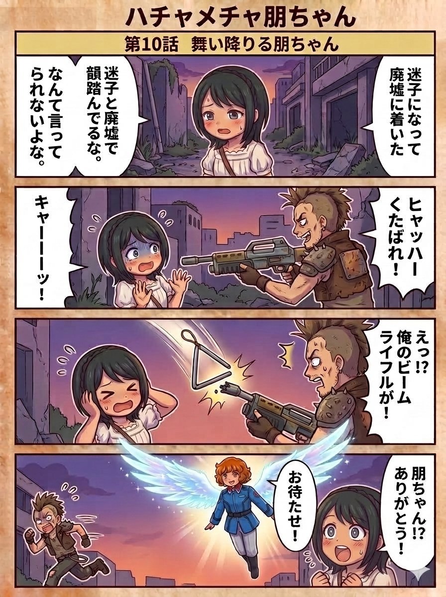 Gundamcard's tweet photo. 『ハチャメチャ朋ちゃん』第10話と第11話です。トライアングル専門の留学は無かったようで(；´∀｀)
#AI4コマ漫画 　#4コマ漫画　#ハチャ朋　#SEED https://t.co/HgJwbnlLIe