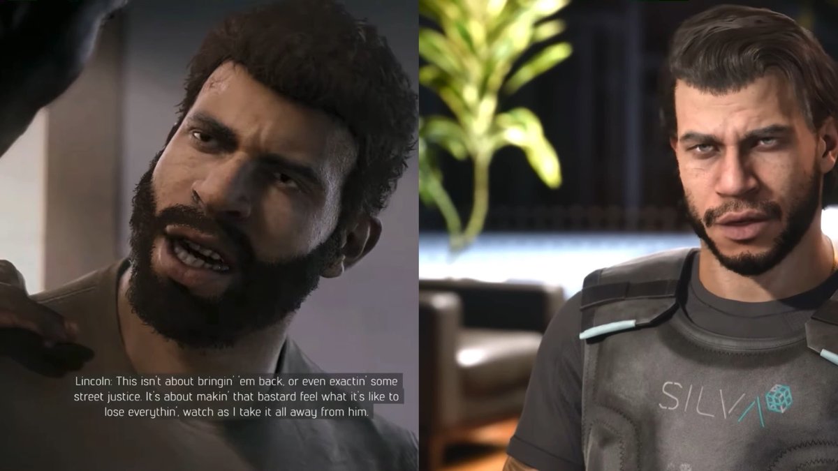A split screen shows two video game characters; the left character 'Lincoln' has a beard and an intense expression with subtitles reading 'This isn't about bringin' em back... I take it all away from him', and the right character wears a 'SILVA' branded shirt.