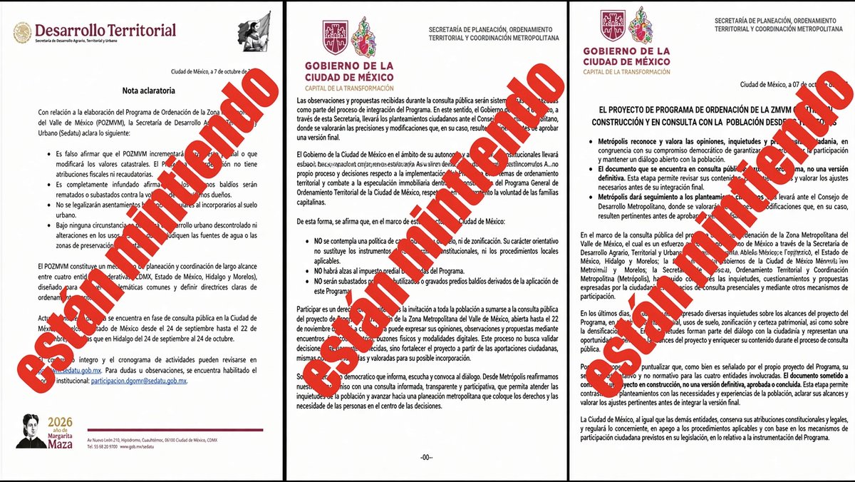 FSSanchezCampos's tweet photo. Mienten. Y mienten con el membrete puesto. El proyecto que ustedes mismos subieron a consulta ya escribió lo que hoy niegan. Página 169: impuesto al desperdicio urbano sobre baldíos y predios subutilizados, tasa de al menos 1%. Páginas 170 y 171: si el dueño no construye en dos o cuatro años, enajenación forzosa en subasta pública. Página 174: que el valor catastral se asimile al valor de mercado, y que se ajusten base, cuotas y tarifas del predial. Ahí mismo cobran el cambio de uso de suelo.

@SEDATU_mx sale a decir que es falso. @MetropolisCDMX sale a decir que no habrá alza, ni subasta, ni cambio de uso. 

Falso es el comunicado. El programa ya lo contempló. Negarlo después no es aclarar: es tomar a la gente por tonta.

Si no lo van a hacer, bórrenlo. Mientras siga en el texto, cada “no” de la nota es una mentira.

@PolancoUnidoAC, @lavozdepolanco, @VecinosLomas, @ResideAnzures, @ColCuauhtemoc, @SinergiaBJ, @VecinosAlcBJ, @CoyoacanAsocCH, @CopAComunitaria, @Vecino_coyoacan, @NoMasCondosAO, @Vecinos_AOb, @vycazcapotzalco, @vecinosazcapot, @todosunidosmx, @TlalpanVecinos, @Cocove_MX, @redseguridadmx
