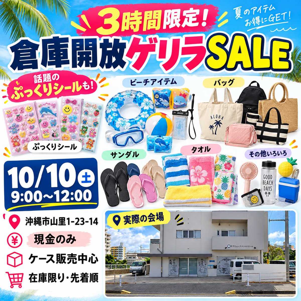 amusementdream's tweet photo. 【本日開催です🔥】

倉庫開放ゲリラSALE
本日9:00スタート！

✅ぷっくりシール
✅ビーチ用品
✅バッグ・サンダル・タオル
✅雑貨いろいろ

⏰9:00〜12:00の3時間限定
📍沖縄市山里1-23-14
💰現金のみ
📦ケース買い歓迎
⚠️在庫限り・先着順

業者様も一般のお客様も大歓迎です！ https://t.co/ENDUWdL2eo