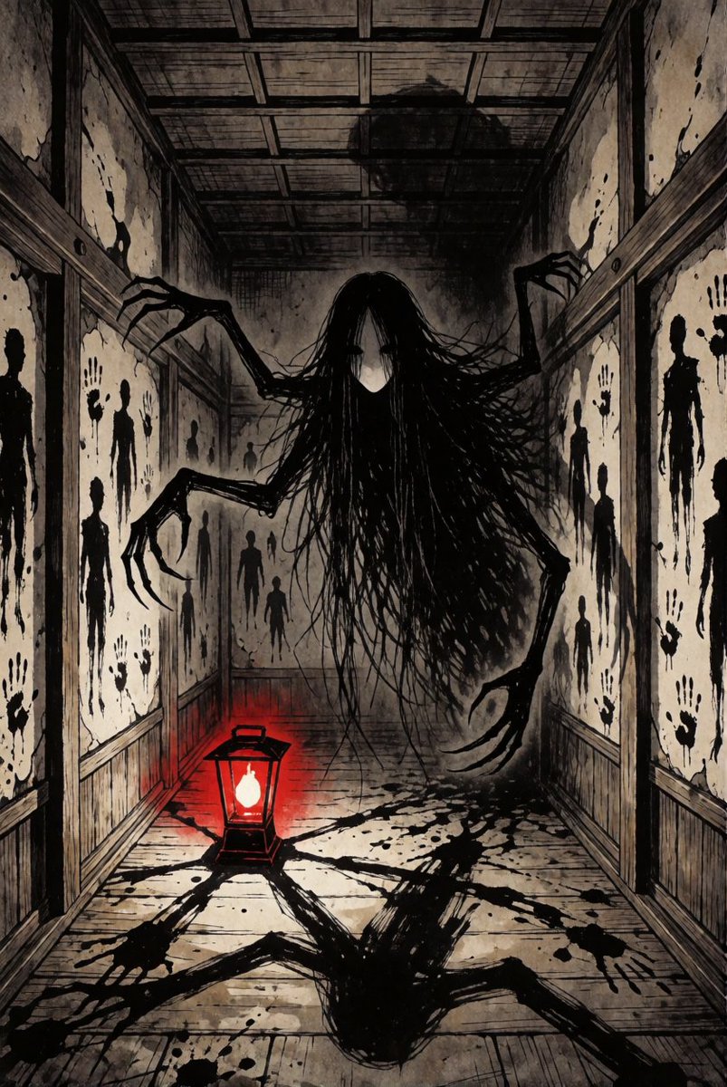 Zakkarycahill's tweet photo. The shoji doors are sealed with handprints from the inside. There was never an escape route to begin with. #JapaneseFolklore #DarkFantasy #SurrealHorror #HorrorFans #MonsterArt #EerieVibes #SpookyArt #InkIllustration #GothicArt #HauntedHouse #JHorrorArt https://t.co/DrTyKtx2NT