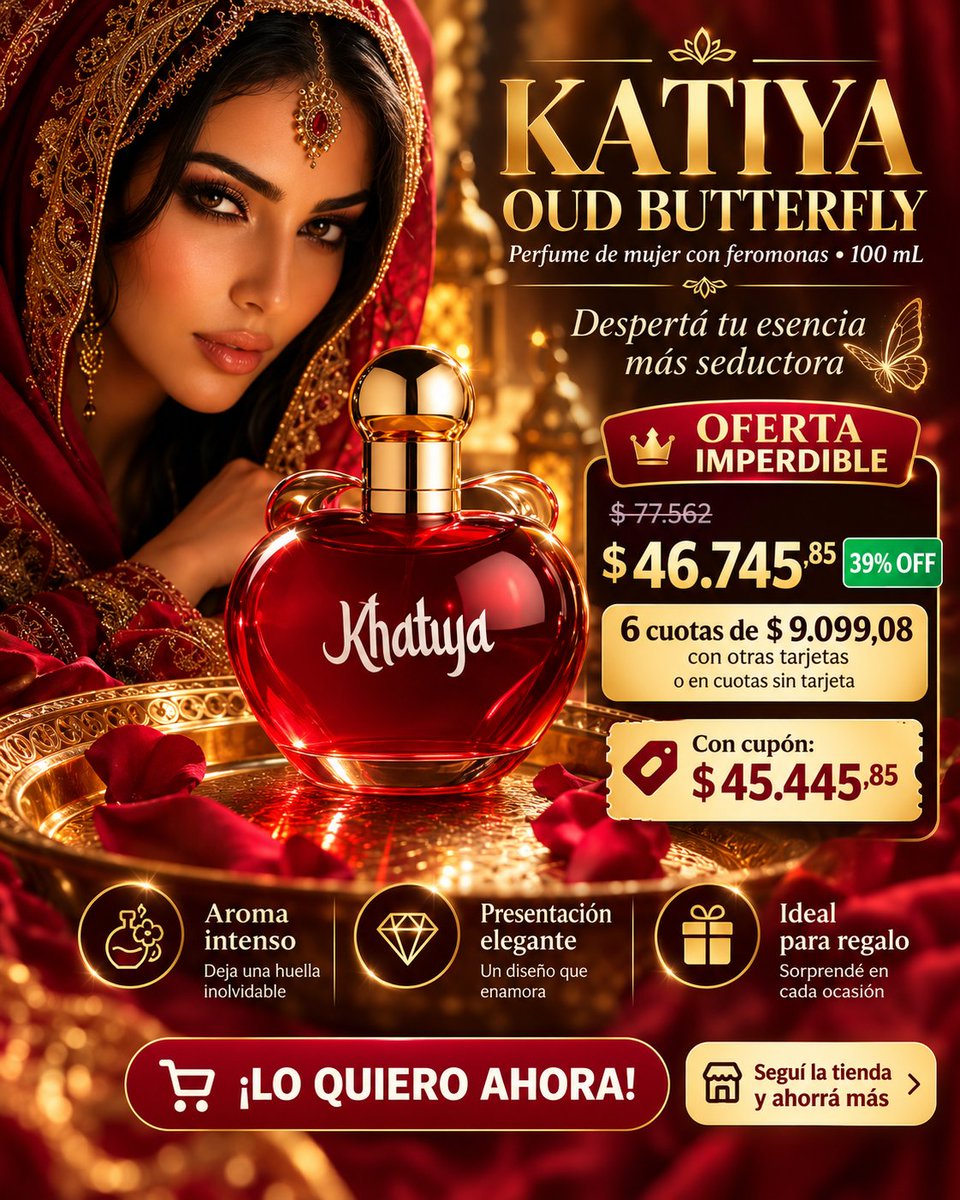 ofertaaltoque's tweet photo. 🌹 UN PERFUME QUE NO PASA DESAPERCIBIDO

🔗 https://t.co/IoK7QCa0Tm

✨ Katiya Oud Butterfly 100 ml
💥 39% OFF
💳 6 cuotas de $9.099,08
🎟️ Con cupón: $45.445,85
✅ Aroma intenso
✅ Presentación elegante
✅ Ideal para regalo
✅ Más de 500 vendidos
🔥 Despertá tu esencia más seductora y aprovechá la promo.