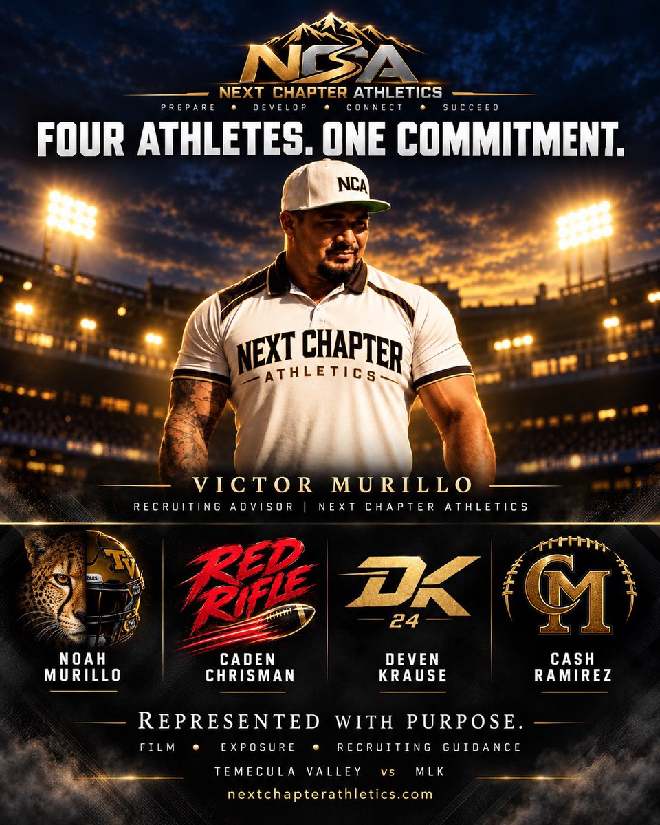 vm_nextchapter's tweet photo. FOUR ATHLETES. ONE COMMITMENT.

@noahmurillo2027 @CadenChrisman @devenkrause2028 @CashRamirez54 

These boys have trusted me to help them pursue their next chapter, and I take that responsibility personally. My commitment is to show up, capture their work, help coaches see what they bring, and guide them through the recruiting process with honesty and purpose.

As a father and recruiting advisor, I know how much these dreams mean to an athlete and his family. Behind every highlight are hours of preparation, sacrifices, and a young man working toward his future. That deserves time, attention, and consistent effort from me.

Through Next Chapter Athletics, I’m committed to helping these four grow as student-athletes—and welcoming other athletes and families who are ready to take the next step. As our program grows, personal attention and meaningful guidance will remain at the center of what we do.

To my boys: you do the work, and I’ll keep working alongside you. On the sidelines, behind the camera, and throughout your recruiting journey.

Interested in becoming part of NCA? Send me a DM. Let’s talk about your next chapter.

PREPARE • DEVELOP • CONNECT • SUCCEED
https://t.co/9FtovvT8uK

#NextChapterAthletics #NCA #StudentAthletes #FootballRecruiting

@mosesk225 @bench424nmore @SchwartzAthSpot @CoaLBViking @Inland_Sports @IESportsNet @Tarek_Fattal @SoCalVarsity @N_W_Sports @whosupnext23 @ccprospects23 @Blakesfilmroom @BLester1993 @LOGGER_LBCOACH @CoachLeppke @MinesFootball @CoachJai_ @calpolyfootball @tvhsbearsfb @UncommittedUTR @AStateFBRecruit @CoachGemp14 @ElijahValles7 @StirFrySports @raj_manjrekar @HSSPORTStars @IEFootballTalk