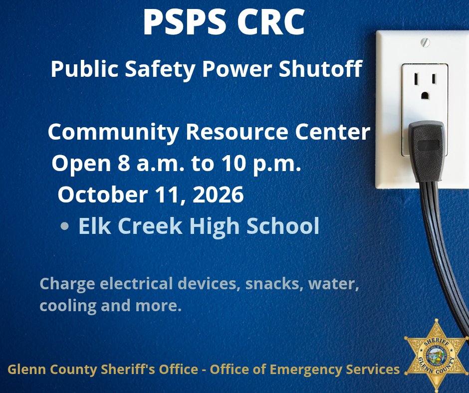 GlennCountyOES's tweet photo. https://t.co/HskyXYDBZV
Public Safety Power Shutoff #PSPS will impact Newville, Chrome, Grindstone, Fruto and Elk Creek communities in Glenn County on Sunday, 10/11/26. A Community Resource Center will be open at Elk Creek High School Sunday 0800 to 2000 hours https://t.co/Akdcn2zRj5