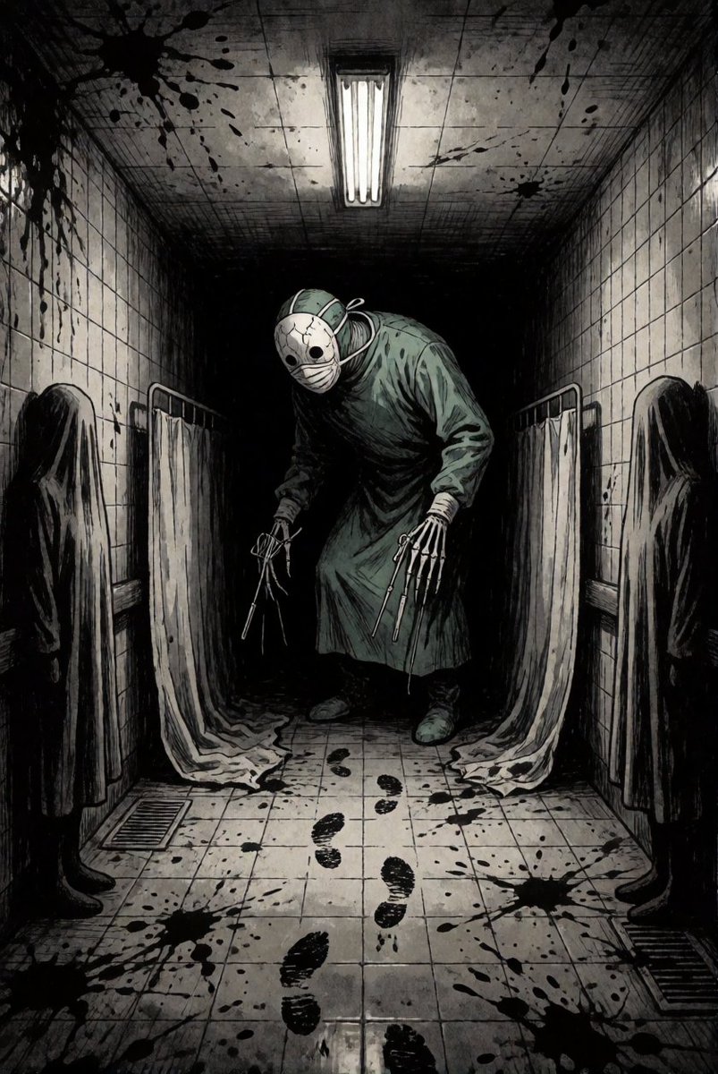 Zakkarycahill's tweet photo. Look closely at the bloody footprints on the floor. Are they walking toward him, or running away? 👣👀#HorrorFans #MangaStyle #SurrealHorror #DarkFantasy #HauntedHospital #AsylumHorror #InkIllustration #SpookySeason #JHorror #GoreArt #Macabre https://t.co/mlrANHnQzH