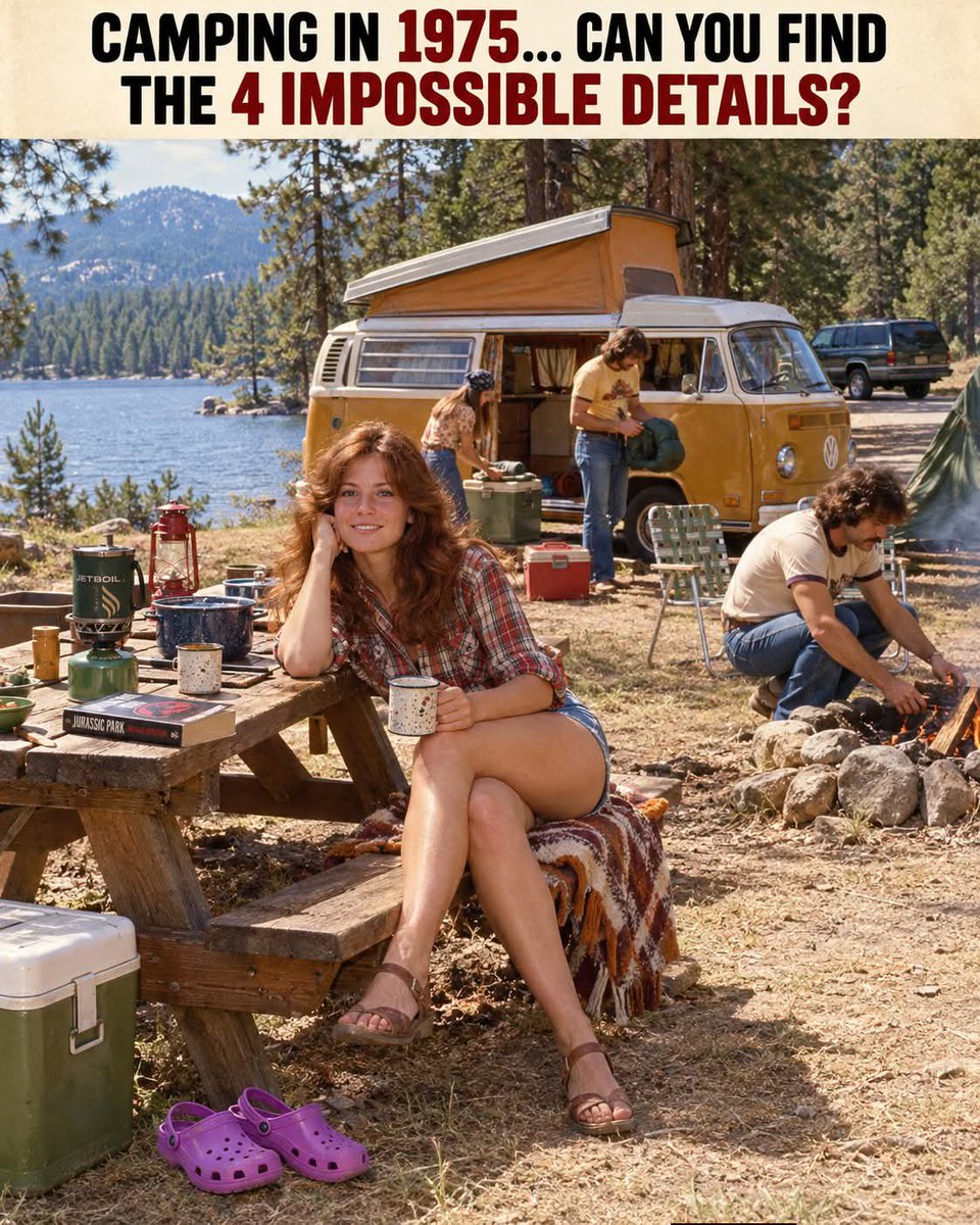 Mimi_2210_'s tweet photo. This looks like a peaceful camping trip in 1975… but 4 hidden details tell a different story. 

Can you find them? 👀 https://t.co/qE6v7cqNVL