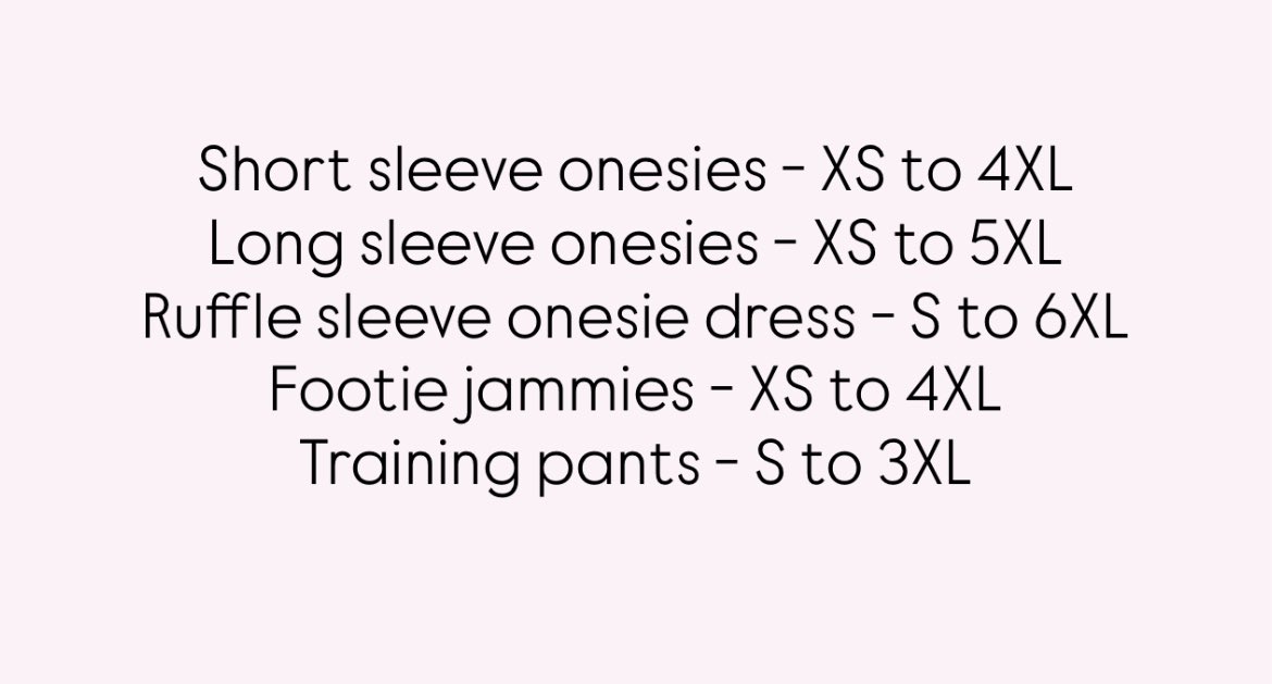 PastelPuddles's tweet photo. @babyelliebellyy All of our sizing charts will be posted once our site launches! For now, these are the sizes we stock for every product 😊🩵 https://t.co/BvNIXW0EYi