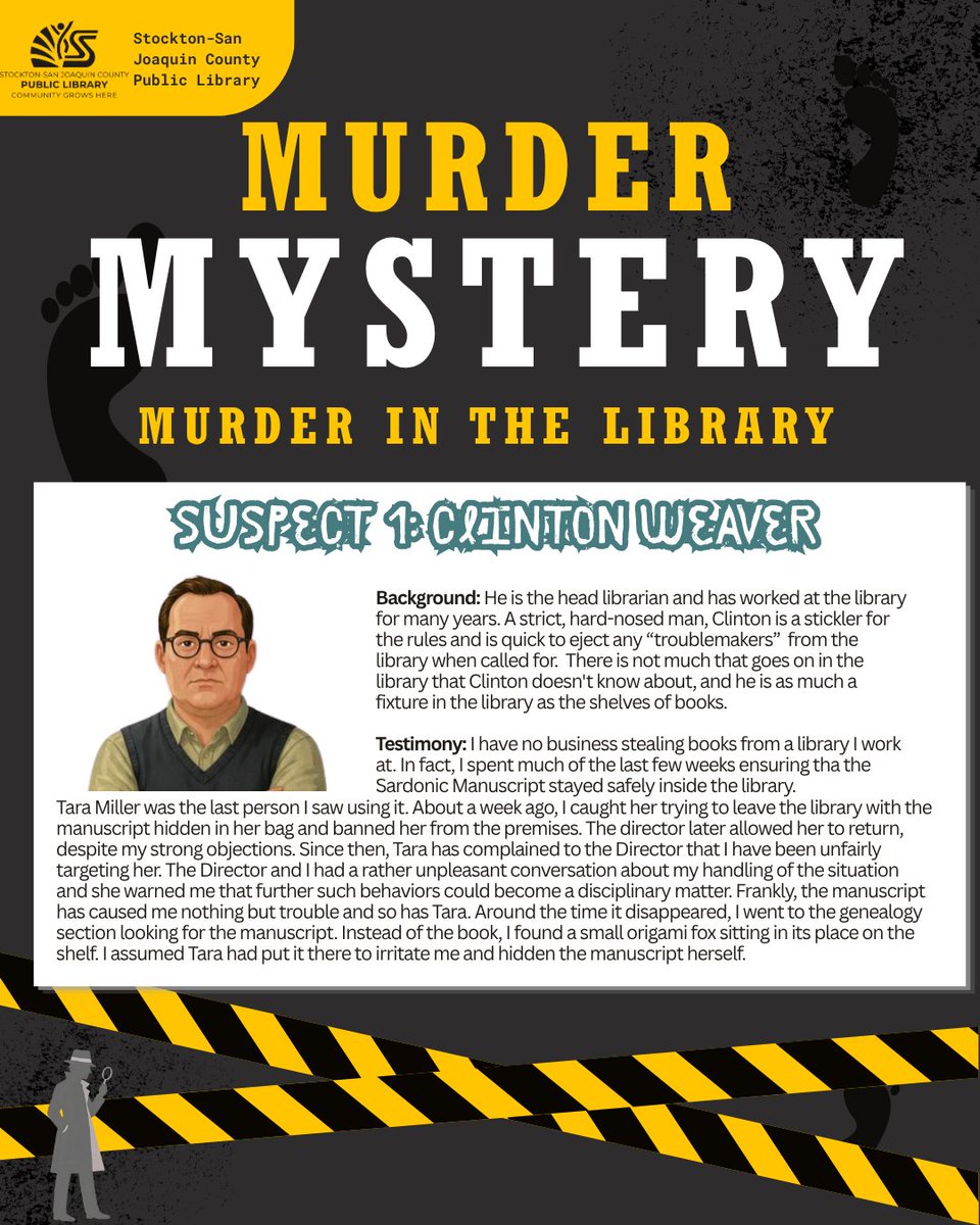 SSJCPL's tweet photo. Looking for the answer to this weeks Murder Mystery!? Here it is! How did you do?

We also have two of the six suspects for you to investigate.

Stop by your SSJCPL library starting tomorrow for the next puzzle! https://t.co/A8Zb5mKZat