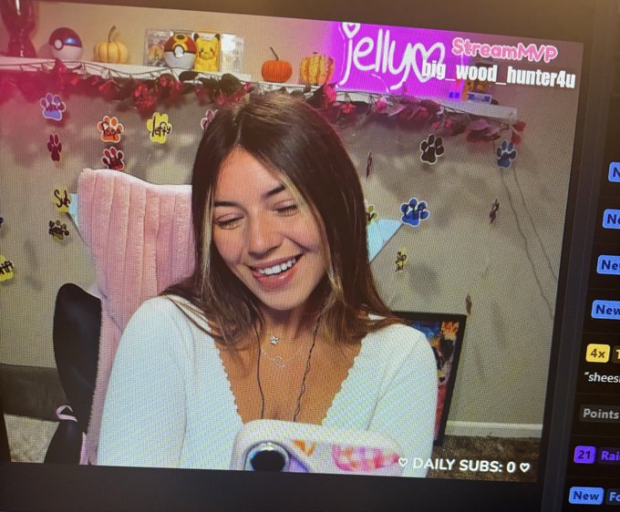A live stream screenshot featuring a smiling woman named 'wood_hunter4u' in a room decorated with paw print stickers and garlands, showing 'DAILY SUBS: 0' at the bottom.