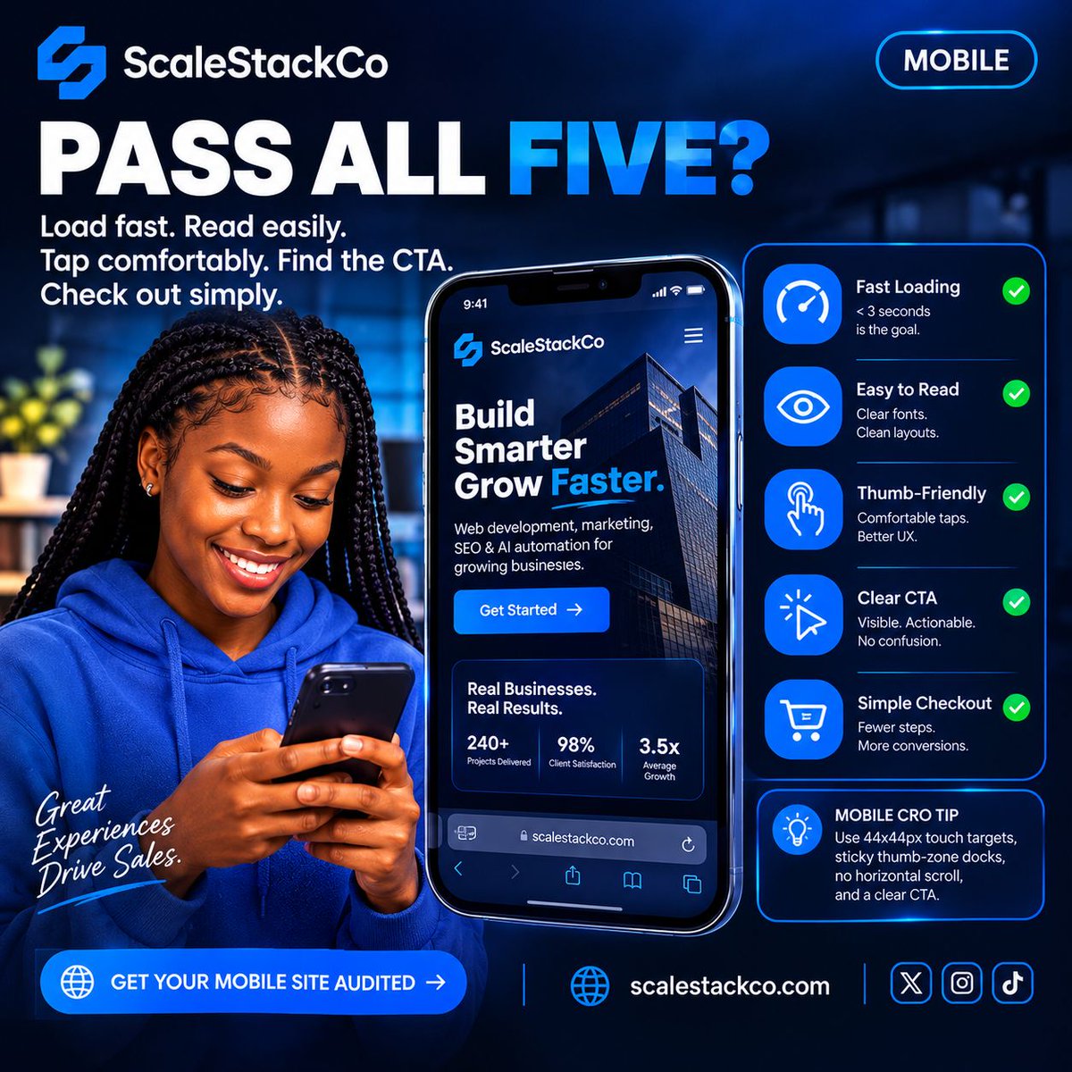 ScaleStack0's tweet photo. Would your website pass the 5-second mobile test? 

Slow load. Tiny text. Hard-to-tap buttons. Confusing checkout.
Spot the friction. Fix the experience. Make every visit count.

Need a better-performing website? Talk to ScaleStackCo.

#ScaleStackCo #MobileUX #WebDesign #CRO https://t.co/Bzp4enwHge