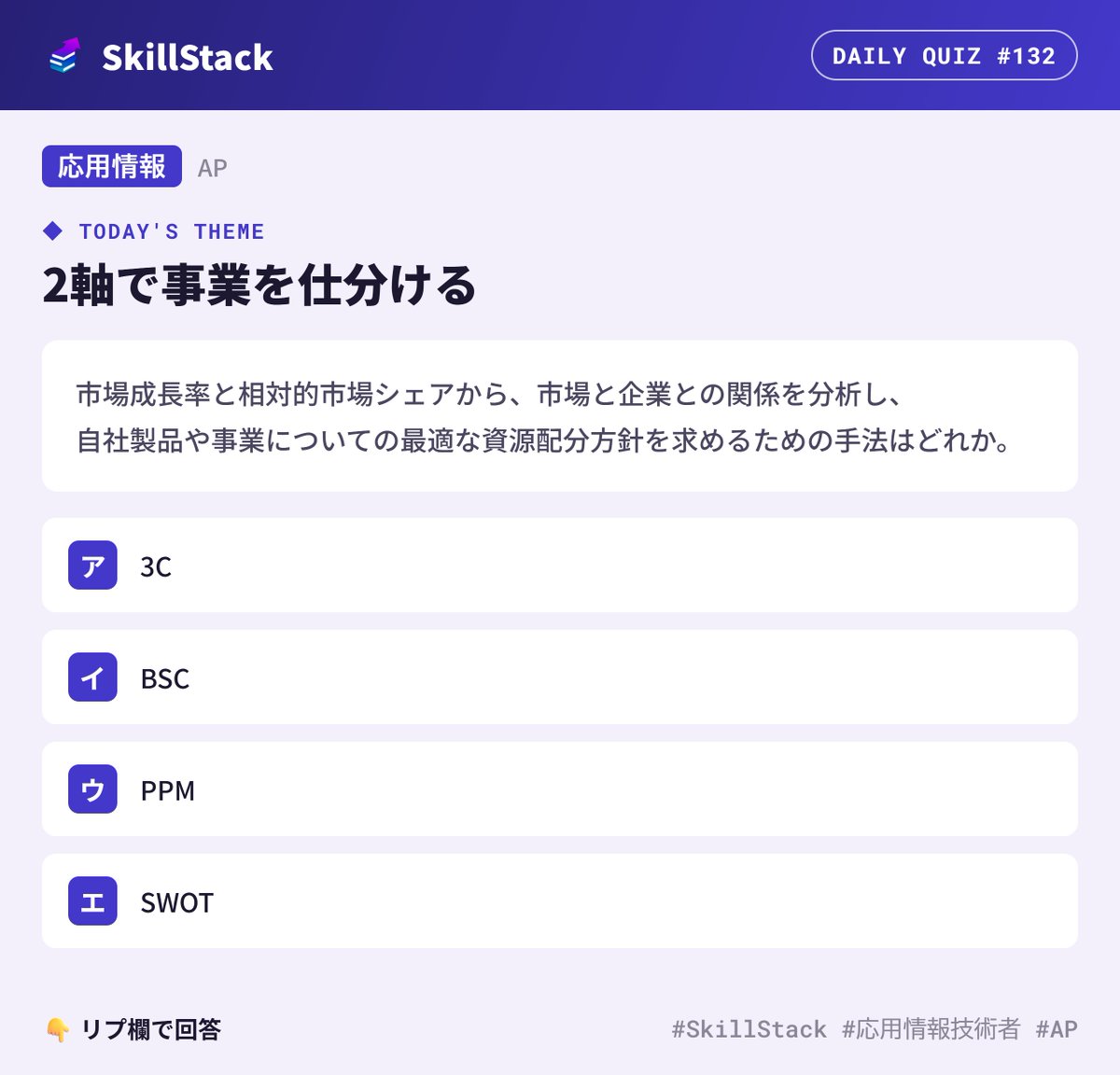 SkillStack_pr's tweet photo. 【1日1問 #132】応用情報
本日のテーマ:2軸で事業を仕分ける
3C・BSC・SWOT・PPM。
「どこにお金を配るか」を決めるのは、どれでしょう。
👇 答えはリプで!
(解説は本日21:00に引用RTで投稿します)
#SkillStack #応用情報技術者 #AP https://t.co/Y7VQogeqfU