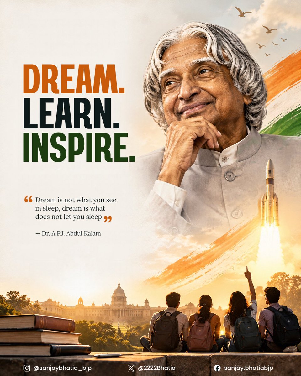 2222Bhatia's tweet photo. Remembering the People’s President, Dr. A.P.J. Abdul Kalam, whose vision, simplicity and belief in young minds continue to inspire generations to build a stronger India.

#apjabdulkalam #apjabdulkalamjayanti #worldstudentsday #studentsday https://t.co/7yb8NRUayP