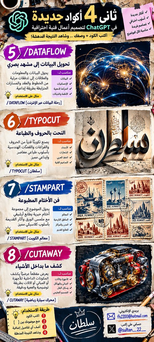 SULTAN__22__'s tweet photo. 🚨🔥 12 كود مختصر يحوّل أفكارك إلى أعمال فنية بالذكاء الاصطناعي! 🤯🎨
تخيّل تكتب كودًا واحدًا + موضوعك، وتحصل على تصميم بأسلوب فني مختلف! 👇
🧵 سلسلة الأكواد الإبداعية | 12 كودًا في 3 مجموعات
🔹 المجموعة الأولى | 1–4

1️⃣ /BLUEPRINT 📐 المخطط الهندسي الفني: يحوّل موضوعك إلى مخطط مليء بالقياسات والخطوط التقنية. مثال: /BLUEPRINT [ساعة ميكانيكية فاخرة]

2️⃣ /PAPERTEAR 📄 فن الورق الممزّق: يصنع لوحة من طبقات الورق والحواف البارزة والظلال الواقعية. مثال: /PAPERTEAR [مدينة الكويت القديمة]

3️⃣ /GLASSMORPH 💎 التحوّل إلى الزجاج: يمنح العنصر مظهرًا زجاجيًا شفافًا مع انعكاسات وانكسارات ضوئية. مثال: /GLASSMORPH [صقر عربي]

4️⃣ /ISOMETRICWORLD 🏙️ العالم المصغّر ثلاثي الأبعاد: ينشئ مدينة أو قرية مصغّرة بتفاصيل دقيقة ومنظور إيزومتري. مثال: /ISOMETRICWORLD [قرية خليجية ساحلية]

🔹 المجموعة الثانية | 5–8

5️⃣ /DATAFLOW 🌐 تحويل البيانات إلى مشهد بصري: يعرض المعلومات والعلاقات على هيئة خطوط وتدفّقات مترابطة. مثال: /DATAFLOW [رحلة البيانات عبر الإنترنت]

6️⃣ /TYPOCUT 🔠 النحت بالحروف والطباعة: يصنع تكوينات فنية من الحروف والفراغات والقصّات الهندسية. مثال: /TYPOCUT [سلطان]

7️⃣ /STAMPART 📮 فن الأختام المطبوعة: يحوّل الموضوع إلى أختام حبرية بطابع أرشيفي كلاسيكي. مثال: /STAMPART [معالم الكويت]

8️⃣ /CUTAWAY ⚙️ كشف ما بداخل الأشياء: يعرض مقطعًا يكشف المكوّنات الداخلية للأجهزة والآلات. مثال: /CUTAWAY [محرك سيارة رياضية]

🔹 المجموعة الثالثة | 9–12

9️⃣ /MATERIALLAB 🪵 مختبر الخامات والملمس: يعرض العنصر بخامات متنوعة مثل الرخام والمعدن والخشب والجلد. مثال: /MATERIALLAB [شعار الصقر]

🔟 /MAPSTORY 🗺️ القصة التي تُروى بالخريطة: يحوّل الرحلات والأحداث التاريخية إلى خرائط توضيحية. مثال: /MAPSTORY [رحلة ابن بطوطة]

1️⃣1️⃣ /TIMELINE3D ⏳ الخط الزمني المجسّم: يعرض تطوّر موضوع عبر مراحل زمنية ومحطات ثلاثية الأبعاد. مثال: /TIMELINE3D [تطور الطيران]

1️⃣2️⃣ /MACROWORLD 💧 عالم داخل تفصيل صغير: ينشئ عالمًا مصغّرًا داخل عنصر عادي بتفاصيل ماكرو مذهلة. مثال: /MACROWORLD [عالم داخل قطرة مطر]

━━━━━━━━━━━━━

⚡ طريقة الاستخدام:
انسخ الكود.
استبدل الموضوع بين الأقواس المربعة بموضوعك.
أضف تفاصيلك الفنية والمقاس المطلوب، مثل 9:20.
أرسل البرومبت إلى أداة توليد الصور وشاهد النتيجة!
🎯 تحدّي الإبداع: اختر كودًا، طبّقه على فكرتك، وشاركنا النتيجة!
💡 ملاحظة: هذه أكواد اختصارية مخصّصة للبرومبتات، وليست أوامر مدمجة رسميًا في ChatGPT.

#ذكاء_اصطناعي #تصميم #فن #إبداع #هندسة_البرومبت #برومبت #توليد_الصور #فن_رقمي #تصميم_جرافيك #مصممين #أكواد_مختصرة #ChatGPT #OpenAI #NanoBanana #Gemini #AIArt #AIArtist #AIDesign #PromptEngineering #PromptDesign #GenerativeAI #DigitalArt #GraphicDesign #CreativeAI #AIImages #Blueprint #PaperTear #GlassArt #IsometricArt #DataVisualization #Typography #StampArt #Cutaway #MaterialDesign #MapDesign #Timeline3D #MacroPhotography #VisualDesign #DesignInspiration #XDesign