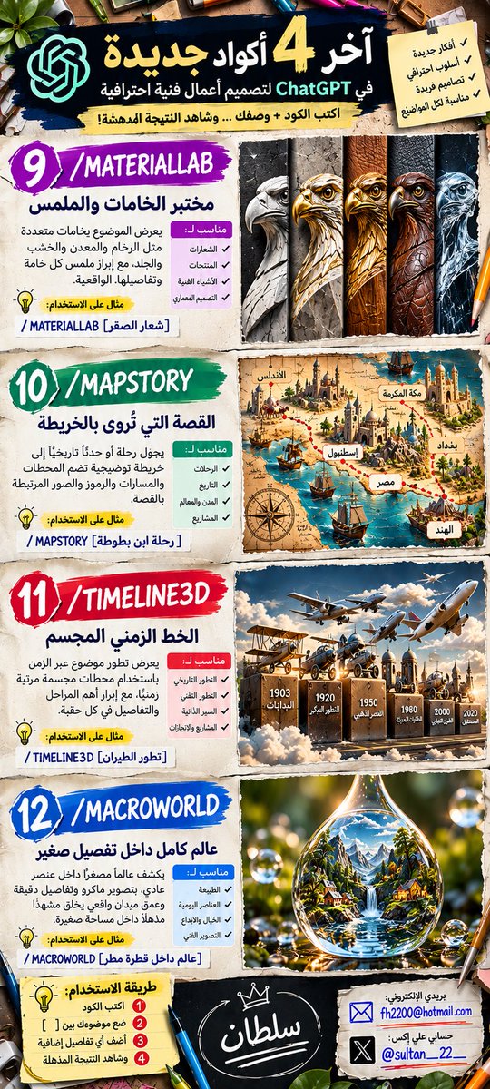 SULTAN__22__'s tweet photo. 🚨🔥 12 كود مختصر يحوّل أفكارك إلى أعمال فنية بالذكاء الاصطناعي! 🤯🎨
تخيّل تكتب كودًا واحدًا + موضوعك، وتحصل على تصميم بأسلوب فني مختلف! 👇
🧵 سلسلة الأكواد الإبداعية | 12 كودًا في 3 مجموعات
🔹 المجموعة الأولى | 1–4

1️⃣ /BLUEPRINT 📐 المخطط الهندسي الفني: يحوّل موضوعك إلى مخطط مليء بالقياسات والخطوط التقنية. مثال: /BLUEPRINT [ساعة ميكانيكية فاخرة]

2️⃣ /PAPERTEAR 📄 فن الورق الممزّق: يصنع لوحة من طبقات الورق والحواف البارزة والظلال الواقعية. مثال: /PAPERTEAR [مدينة الكويت القديمة]

3️⃣ /GLASSMORPH 💎 التحوّل إلى الزجاج: يمنح العنصر مظهرًا زجاجيًا شفافًا مع انعكاسات وانكسارات ضوئية. مثال: /GLASSMORPH [صقر عربي]

4️⃣ /ISOMETRICWORLD 🏙️ العالم المصغّر ثلاثي الأبعاد: ينشئ مدينة أو قرية مصغّرة بتفاصيل دقيقة ومنظور إيزومتري. مثال: /ISOMETRICWORLD [قرية خليجية ساحلية]

🔹 المجموعة الثانية | 5–8

5️⃣ /DATAFLOW 🌐 تحويل البيانات إلى مشهد بصري: يعرض المعلومات والعلاقات على هيئة خطوط وتدفّقات مترابطة. مثال: /DATAFLOW [رحلة البيانات عبر الإنترنت]

6️⃣ /TYPOCUT 🔠 النحت بالحروف والطباعة: يصنع تكوينات فنية من الحروف والفراغات والقصّات الهندسية. مثال: /TYPOCUT [سلطان]

7️⃣ /STAMPART 📮 فن الأختام المطبوعة: يحوّل الموضوع إلى أختام حبرية بطابع أرشيفي كلاسيكي. مثال: /STAMPART [معالم الكويت]

8️⃣ /CUTAWAY ⚙️ كشف ما بداخل الأشياء: يعرض مقطعًا يكشف المكوّنات الداخلية للأجهزة والآلات. مثال: /CUTAWAY [محرك سيارة رياضية]

🔹 المجموعة الثالثة | 9–12

9️⃣ /MATERIALLAB 🪵 مختبر الخامات والملمس: يعرض العنصر بخامات متنوعة مثل الرخام والمعدن والخشب والجلد. مثال: /MATERIALLAB [شعار الصقر]

🔟 /MAPSTORY 🗺️ القصة التي تُروى بالخريطة: يحوّل الرحلات والأحداث التاريخية إلى خرائط توضيحية. مثال: /MAPSTORY [رحلة ابن بطوطة]

1️⃣1️⃣ /TIMELINE3D ⏳ الخط الزمني المجسّم: يعرض تطوّر موضوع عبر مراحل زمنية ومحطات ثلاثية الأبعاد. مثال: /TIMELINE3D [تطور الطيران]

1️⃣2️⃣ /MACROWORLD 💧 عالم داخل تفصيل صغير: ينشئ عالمًا مصغّرًا داخل عنصر عادي بتفاصيل ماكرو مذهلة. مثال: /MACROWORLD [عالم داخل قطرة مطر]

━━━━━━━━━━━━━

⚡ طريقة الاستخدام:
انسخ الكود.
استبدل الموضوع بين الأقواس المربعة بموضوعك.
أضف تفاصيلك الفنية والمقاس المطلوب، مثل 9:20.
أرسل البرومبت إلى أداة توليد الصور وشاهد النتيجة!
🎯 تحدّي الإبداع: اختر كودًا، طبّقه على فكرتك، وشاركنا النتيجة!
💡 ملاحظة: هذه أكواد اختصارية مخصّصة للبرومبتات، وليست أوامر مدمجة رسميًا في ChatGPT.

#ذكاء_اصطناعي #تصميم #فن #إبداع #هندسة_البرومبت #برومبت #توليد_الصور #فن_رقمي #تصميم_جرافيك #مصممين #أكواد_مختصرة #ChatGPT #OpenAI #NanoBanana #Gemini #AIArt #AIArtist #AIDesign #PromptEngineering #PromptDesign #GenerativeAI #DigitalArt #GraphicDesign #CreativeAI #AIImages #Blueprint #PaperTear #GlassArt #IsometricArt #DataVisualization #Typography #StampArt #Cutaway #MaterialDesign #MapDesign #Timeline3D #MacroPhotography #VisualDesign #DesignInspiration #XDesign