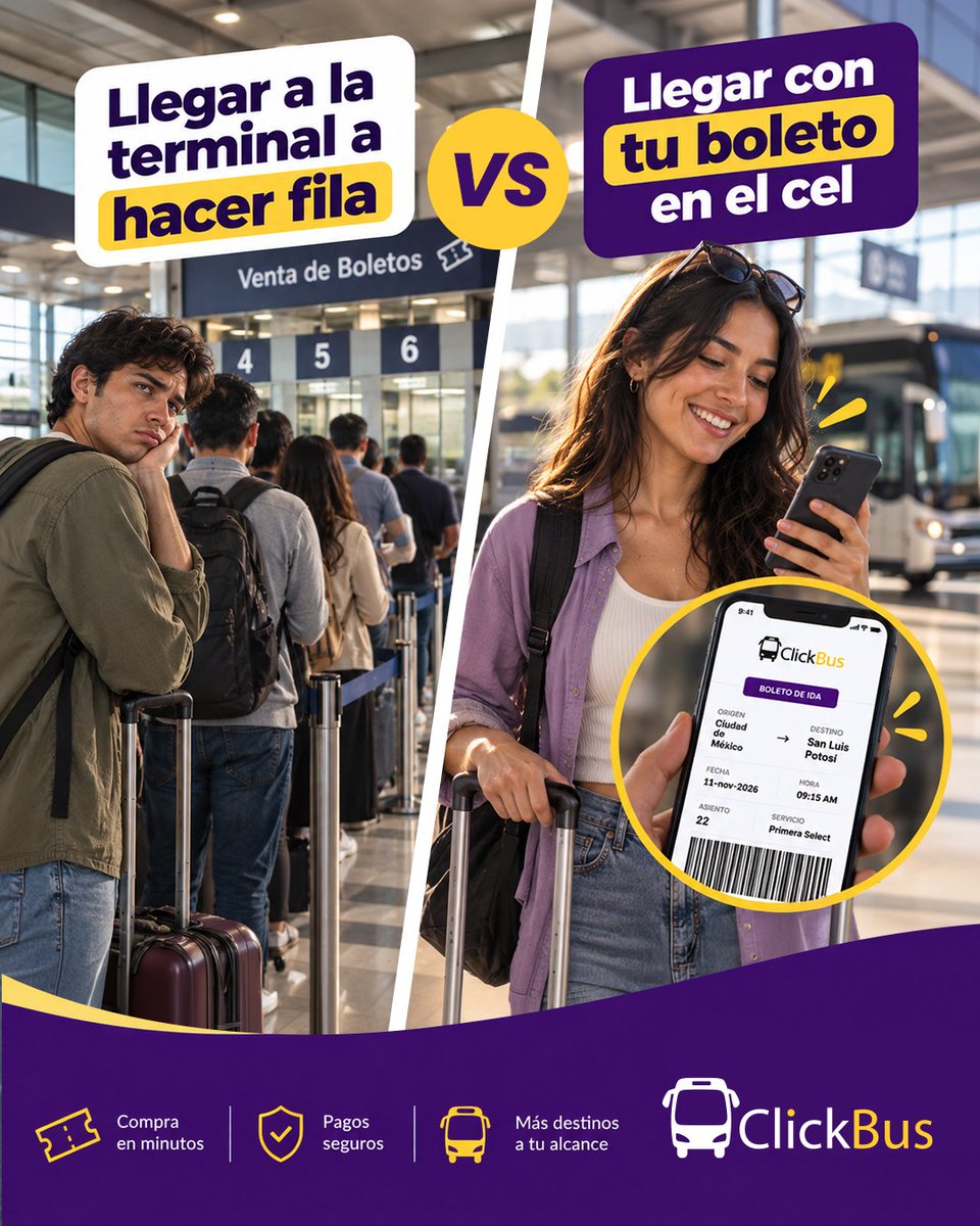 Click_Bus's tweet photo. Con ClickBus, compra tu boleto en minutos desde tu cel y disfruta de tu viaje sin filas ni estrés. ¡Llega a la terminal directo a abordar! 😎🧳

¡Entra ahora! 🚌 👉 https://t.co/Ii6fQQvV1u⁠

📞 Llámanos al: 55 5350 8737

​#ClickBusTeLleva #ViajaSinFila #BoletosEnLinea https://t.co/FVLn3WWNGc