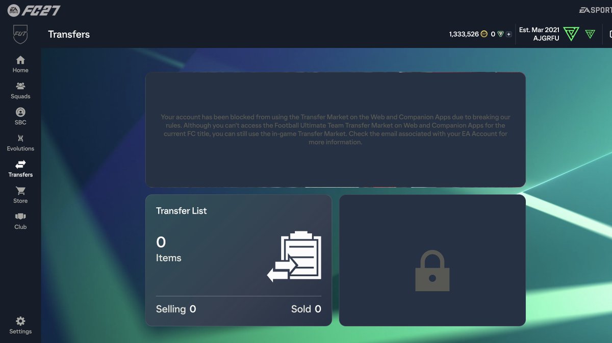 AjgrFut's tweet photo. Just got banned from all Web App, cheers EA 👍

Was this a wave? I have just been trading per usual on my account, so not too sure whats happened here. 

Please RT and also put in comments if you also been affected https://t.co/eI5yJEfNUl