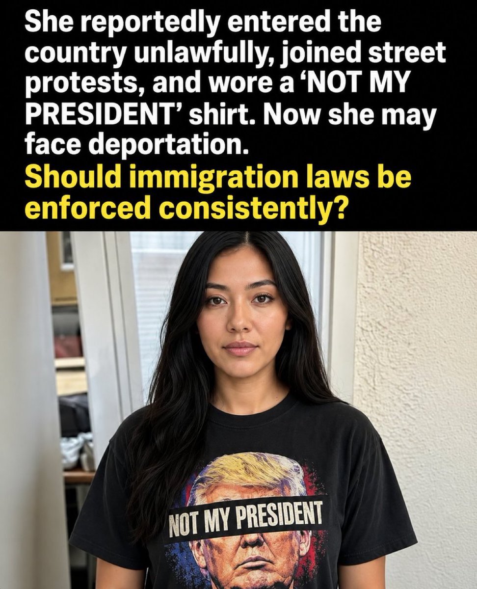 LoryReport_bkp's tweet photo. 🚨 BOOM: 
She allegedly entered the country illegally, took part in street protests, and wore a “NOT MY PRESIDENT” shirt. Now she reportedly faces deportation.

Do you support this? 

👍 YES or 👎 NO? https://t.co/dqSt2uRTqQ