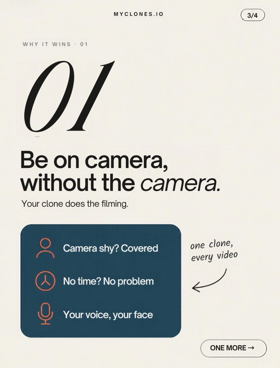 MyClonesio's tweet photo. Be on camera. Without being on camera. 🎥
Your AI clone does the filming. Comment "CLONE" for the setup &amp; guide 👇
#aiclone #aivideo #coaches #entrepreneur #contentcreation https://t.co/YeJCAyOhjp