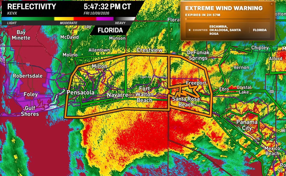 MaxVelocityWX's tweet photo. An EXTREME WIND WARNING is now in effect from Pensacola to Santa Rosa Beach, Florida! 

Winds up to 115MPH are expected imminently within these areas! If you are in these warnings, move IMMEDIATELY to a safe place indoors away from windows! This is the first time NWS Mobile has EVER issued an Extreme Wind Warning!