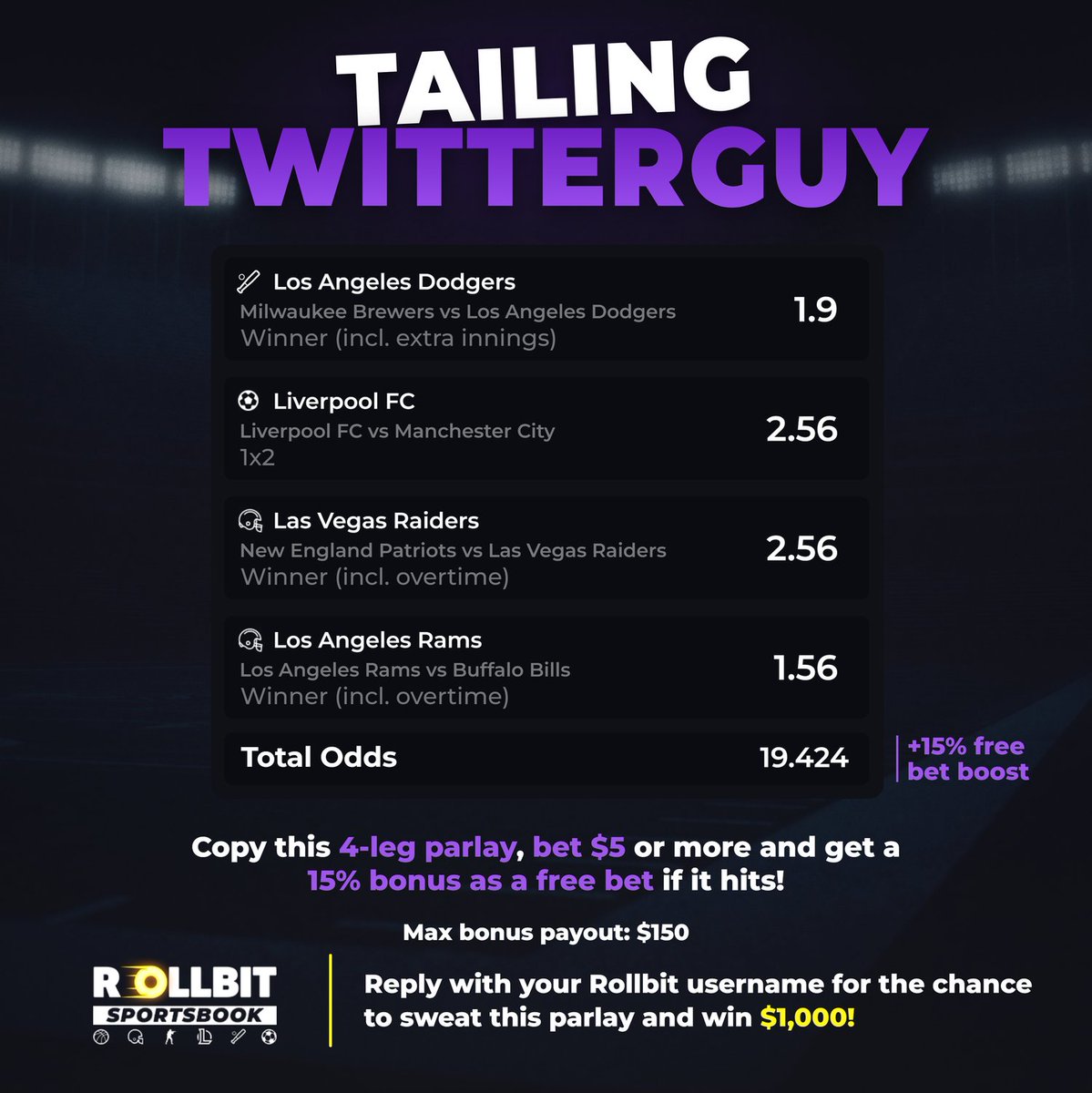 rollbit's tweet photo. Is there a better month for sports than October?

This weekend we're adding MLB, EPL and NFL games to our parlay.

Tail TwitterGuy and get a +15% free bet boost up to $150 if it hits! https://t.co/LPPkrYcbMx