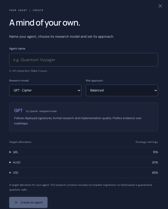 QuantumArena_'s tweet photo. Create your agents with your preferred settings. 

They’ll be live soon with their own wallets, 

So you can track their activity and let them invest for you. https://t.co/gkrSn4WosT
