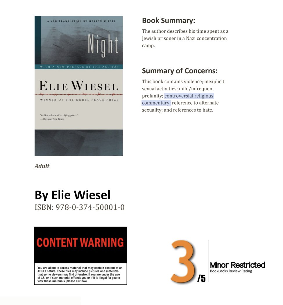 KerryKennedyRFK's tweet photo. Elie Wiesel’s Night tells the story of his imprisonment as a teenager at Auschwitz alongside his father. It is one of the most powerful firsthand accounts of the Holocaust ever written. Now Texas Lt. Gov. Dan Patrick is seeking to ban this memoir because it “involves violence and controversial religious themes.” This is despicable.

Banning books like Night robs students of the opportunity to learn where hatred, antisemitism and dehumanization can lead. Whose interests are being served by keeping students in the dark about history’s darkest chapters? And what exactly are we teaching students when we make human suffering off-limits?