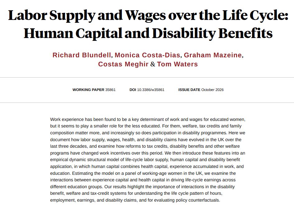 nberpubs's tweet photo. Showing how labor supply, wages, health, and disability claims have evolved in the UK, and examining how reforms have changed work incentives over this period, from Richard Blundell, Monica Costa-Dias, @gmazeine, @CostasMeghir, and Tom Waters https://t.co/YKxEJN2q9f https://t.co/60WuI0BSTz