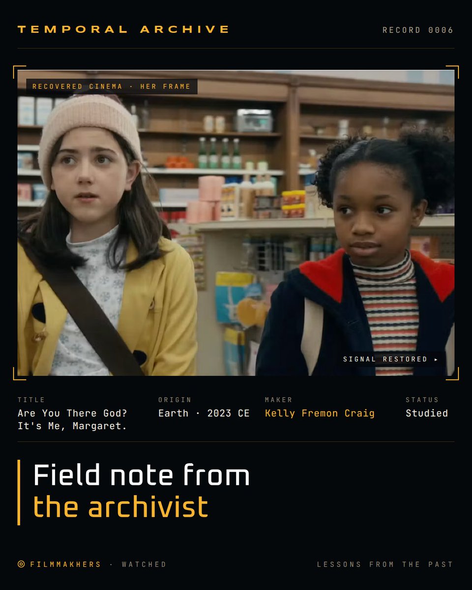 filmmakhers's tweet photo. Watched: Are You There God? It's Me, Margaret. (2023)
Judy Blume's eleven-year-old, finally on screen, asking what every girl asked in the dark.
Dir. Kelly Fremon Craig
Where to watch: Lionsgate+ · rent/buy
https://t.co/11G17cSEUl
#JudyBlume #FilmMakHERS #RecoveredCinema https://t.co/eF3slCspor