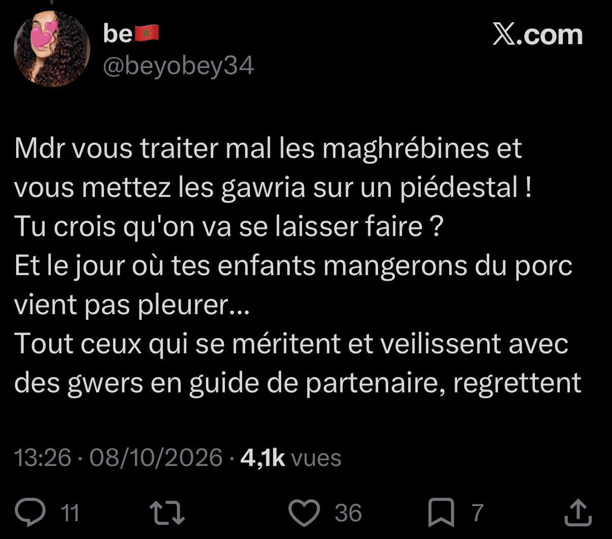 Youssef42012578's tweet photo. @ima3034 @CielManas_ @echo_922 T’es vraiment une sale hypocrite mdr quand c’est les maghrébines chacun fait ce qu’il veut ils sont racistes et frustrés etc… et quand c’est les maghrébins qui se métissent tu critiques mdr t’es juste jalouse psk les blanches sont plus belles plus intelligentes et mieux que vous https://t.co/CzK0C52Gpy