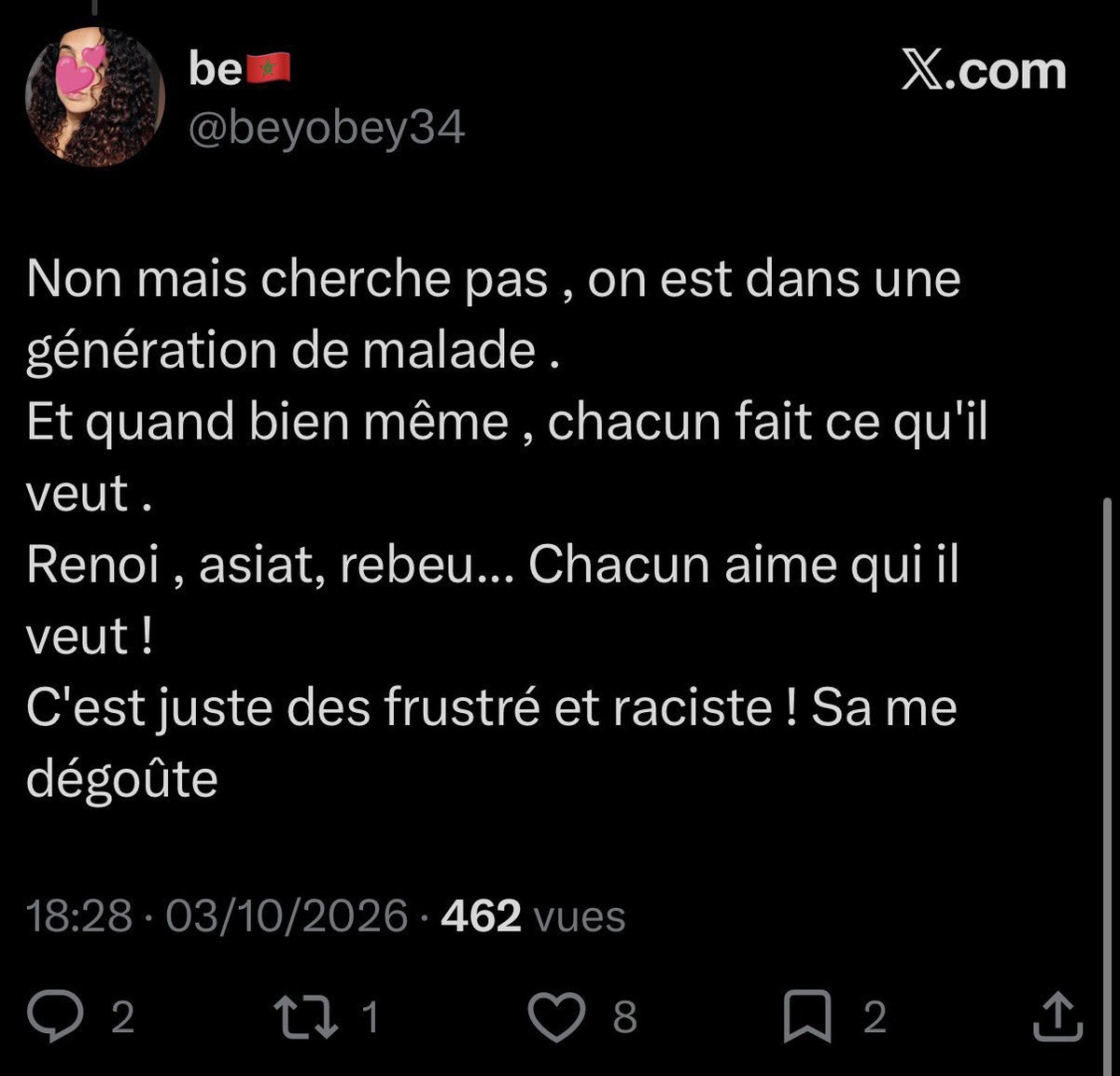 Youssef42012578's tweet photo. @ima3034 @CielManas_ @echo_922 T’es vraiment une sale hypocrite mdr quand c’est les maghrébines chacun fait ce qu’il veut ils sont racistes et frustrés etc… et quand c’est les maghrébins qui se métissent tu critiques mdr t’es juste jalouse psk les blanches sont plus belles plus intelligentes et mieux que vous https://t.co/CzK0C52Gpy
