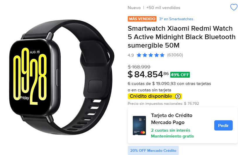 ofertaaltoque's tweet photo. ⌚ TECNOLOGÍA, ESTILO Y CONTROL EN TU MUÑECA

🔗 https://t.co/h6PSTAIv3S

🔥 Xiaomi Redmi Watch 5 Active
💥 49% OFF
💰 $84.854,86
💳 6 cuotas de $19.090,93
💚 2 cuotas sin interés con Mercado Pago
✅ Bluetooth
✅ Sumergible hasta 50 m
✅ Ideal para entrenamiento y uso diario
✅ Pantalla amplia
✅ Más de 50.000 vendidos
⭐ 4,9/5
Un smartwatch completo para moverte, entrenar y estar conectado todo el día.