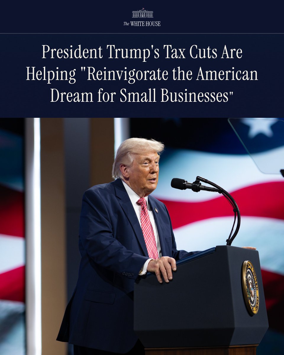 WhiteHouse's tweet photo. Lower taxes, higher wages, and pro-growth policies are all leading to a surge on Main Street.

After years of neglect from Democrats, small businesses are BACK under President Trump. 🇺🇸 https://t.co/riG9nLNb0P