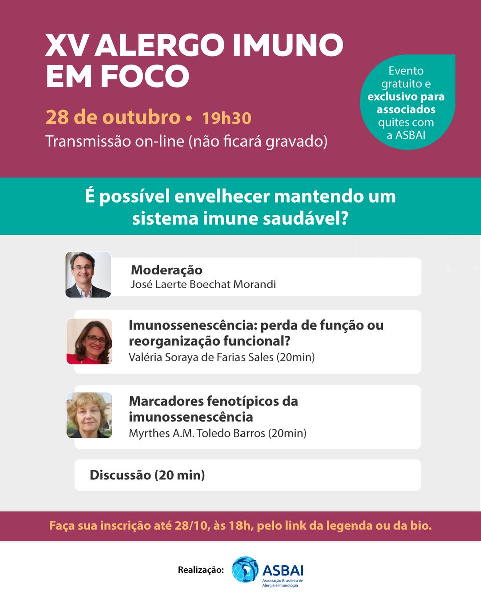 ASBAI_alergia's tweet photo. No dia 28/10, acontece o XV Alergo Imuno em Foco, com o tema “É possível envelhecer mantendo um sistema imune saudável?”

inscrição pode ser realizada até o dia 28/10, às 18h30, pelo link:

https://t.co/4quSGo9o6L

#imunossenescência #idoso #alergia #imunologia #ASBAI https://t.co/RecRJhmUQv