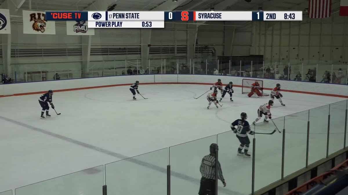 Hockey game broadcast showing Penn State vs Syracuse with a scoreboard displaying '17 PENN STATE 0, SYRACUSE 1, 2ND 8:43' and a power play timer at 0:53, with 'CUSE TV' logo visible.