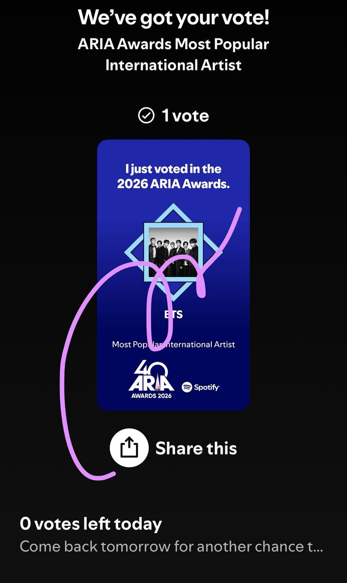 AUS_BTS_FUNDING's tweet photo. Happy Saturday Aussie ARMY! 

This is your cue to vote💜 

🇦🇺 ARMY 

Vote on @ARIA_Official site https://t.co/RpegJRqKpm

Vote on Spotty
https://t.co/lhE2kevLfs…

#ARIASBTS 

Global ARMY, you know the drill! 💜 https://t.co/8IW90LpxTr