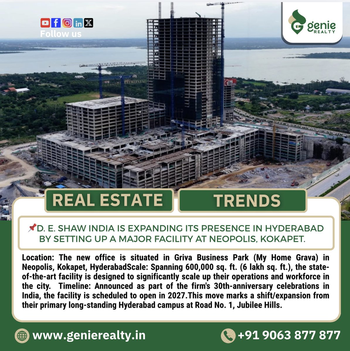 genierealty35's tweet photo. 📌D. E. Shaw India is expanding its presence in Hyderabad by setting up a major facility at Neopolis, Kokapet.Location: The new office is situated in Griva Business Park (My Home Grava) in Neopolis, Kokapet, Hyderabad.Scale: Spanning 600,000 sq. ft. (6 lakh sq. ft.)
#genierealty https://t.co/casUyRt4u8