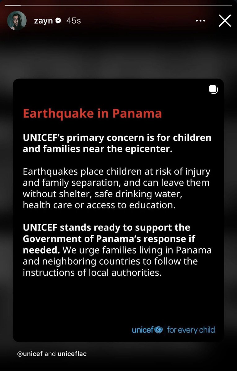 zaynmbase's tweet photo. ZAYN reshared UNICEF’s post regarding the Earthquake in Panama to spread awareness over on his IG Story https://t.co/OrQ9iadxAm